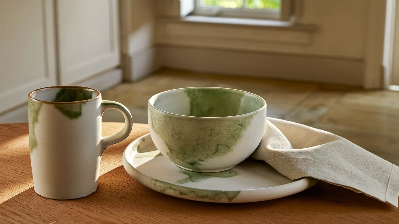 Table de cuisine ensoleillée avec assiette, bol et tasse en grès crème et sauge