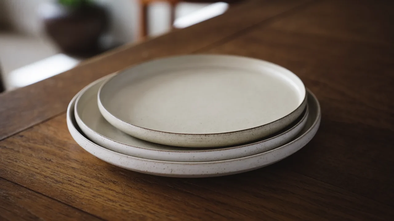 Pile de trois assiettes en grès tourné à l'émail mat tacheté