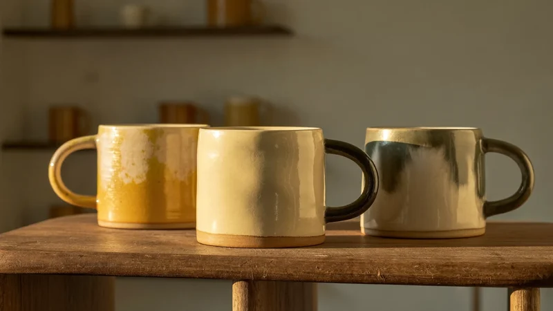 Trois tasses à anse pincée en teintes sable, ocre et gris-vert