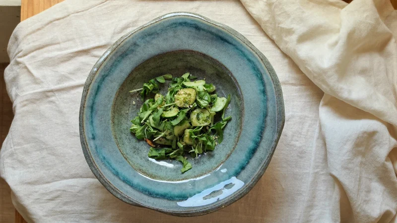 Grand bol de service bleu-vert contenant une salade verte, vu du dessus