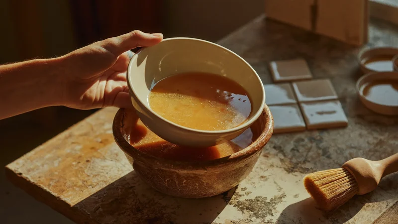 Main trempant un bol dans un seau d'émail sur l'établi